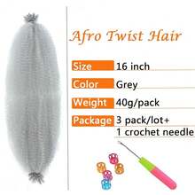 Springy Afro Twist Hair 16 Inch 3 Packs Grey Color Pre Fluffed Marley Twist Braiding Hair For  (16inch, Grey),Grey - 灰色 - 查看 3