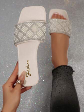 2026 New French Style Crystal Embellished Square Toe Flat Slip-On Mule Sandals For Women, Casual Outdoor Wear, Suitable For Spring, Summer, Fall, Pairs Well With Dresses