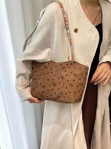 Korean Style Polka Dot Canvas Tote Bag, Large Capacity Foldable Commuter Bag For University Students, Shoulder Bag With Ruffle Skirt Tie Cloud Design