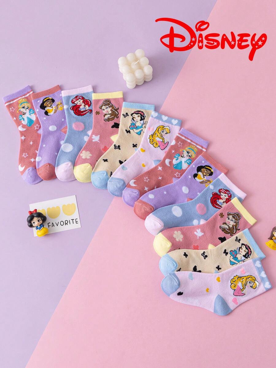 Disney 10/5 Pairs Princess Series Socks, Cute Princess , Mermaid Princess Mid-Calf Socks For Girls, Korean Cartoon Breathable Winter Socks For Boys And Toddlers - Multicolor - View 1