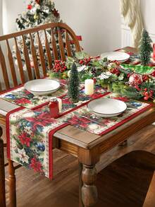 1pc Christmas Decorative Table Runner, Christmas Floral Pattern Tablecloth, Christmas Decor Elements, Christmas Wreath, Evergreen Vine Decor, Fireplace Mantel Scarf, Multiple Sizes Available To Suit Different Home Decor Scenarios, Fireplace Scarf, Glass Door & Window Scarf, Home Decor, Entryway Decor, Christmas Dining Table Decor - Red - View 3