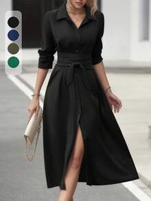 Damen elegantes einfarbiges Hemdkleid mit Umlegekragen, Knopfleiste und Bindegürtel, Herbst/Winter