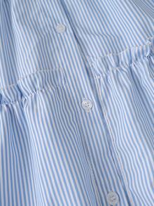 Girls Striped Dress, Big Girls Puff Sleeve Turndown Collar Mid-Length Dress, Navy Blue Bow Tie, Holiday Outfit, Summer Clothing, Travel Wear - Blue - View 7