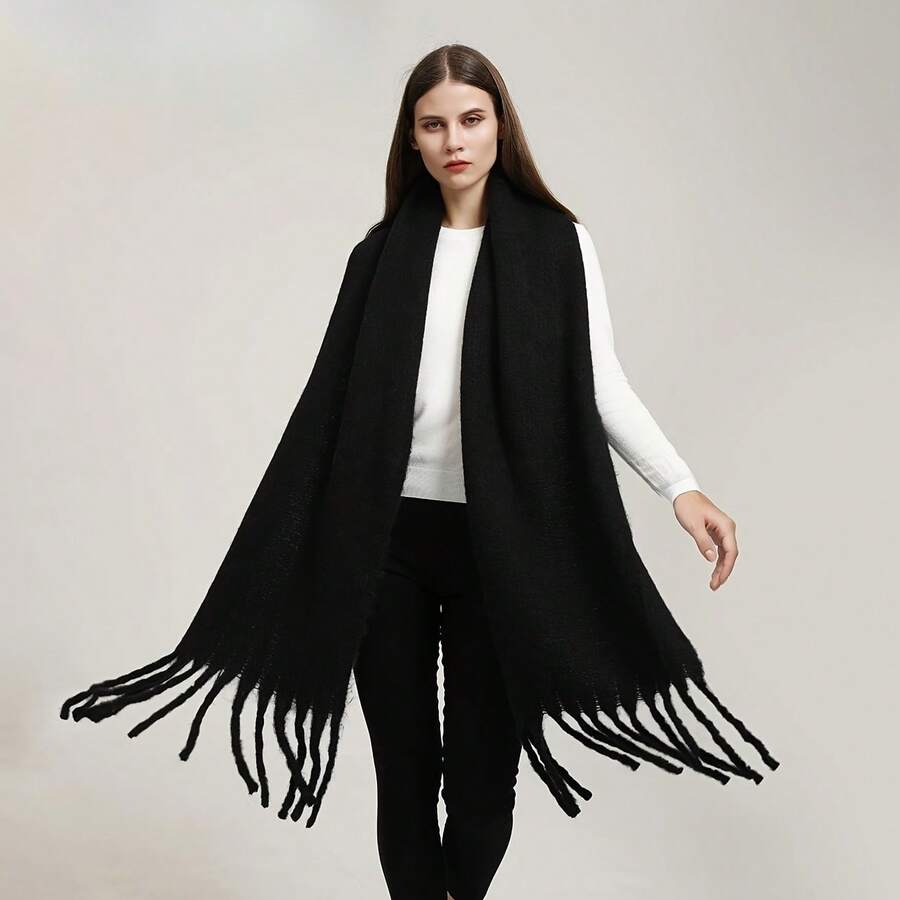 Fashionable High-End Christmas Cold-Proof Scarf, New Autumn-Winter Mohair Plush Thickened Warm Shawl, Solid Color Warm Neck Scarf, Couple Scarf, Valentine's Day Decoration Gift - 深藍色 - 查看 1