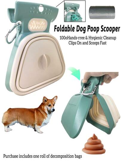 Recogedor plegable para mascotas, portátil y manual, recolector de heces con 1 rollo de bolsas de basura, producto para mascotas para exteriores, herramienta práctica para pasear perros al aire libre para todo tipo de perros