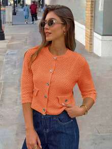 Áo khoác cardigan dài tay cổ tròn màu cam dành cho nữ, thiết kế thanh lịch tối giản, phù hợp để đi làm và mặc vào mùa thu/đông và dịp năm mới. - trái cam - Xem 6