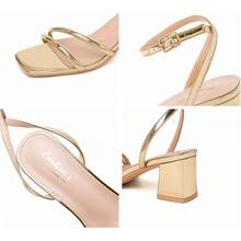 Women's Heels Chunky Block Strappy Square Open Toe Ankle Buckle Heeled Sandals Wedding Party Dress ShoesChristmas - Vàng - Xem 9