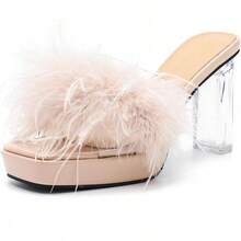LIURUIJIA Women's Square Toe Platform Chunky Heel Slip On Sandals Feather Fuzzy Heels Mules Wedding Bridal Party Dress ShoesChristmas - 裸體 - 查看 1
