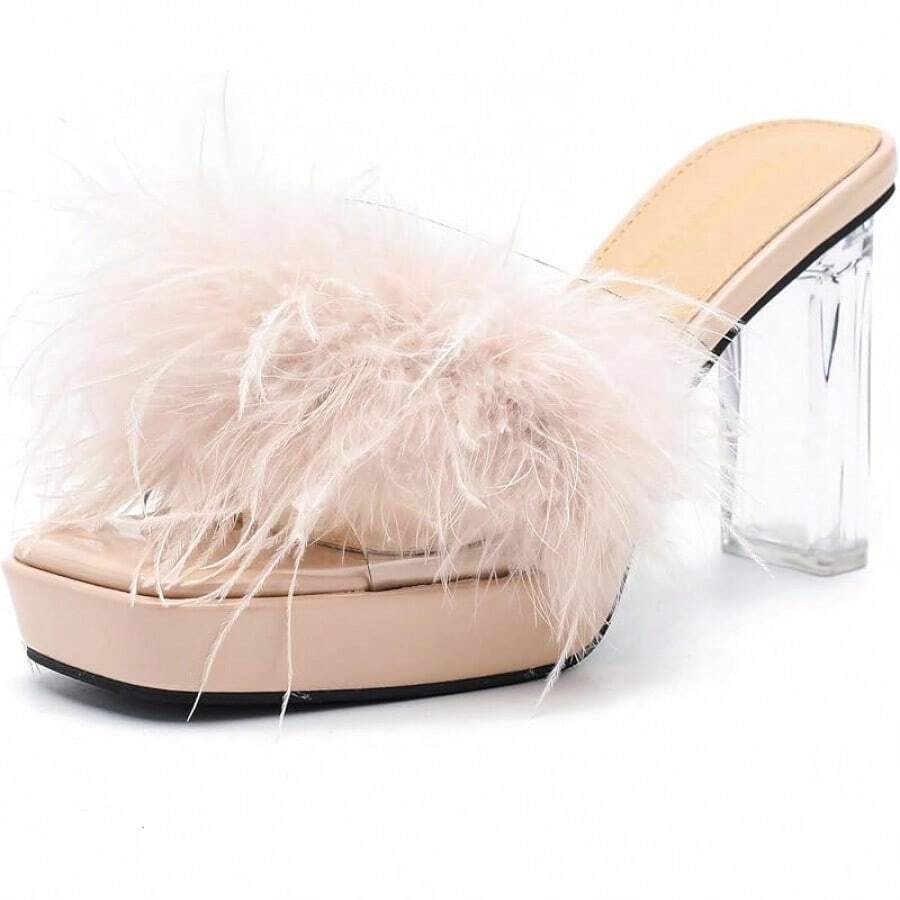 LIURUIJIA Women's Square Toe Platform Chunky Heel Slip On Sandals Feather Fuzzy Heels Mules Wedding Bridal Party Dress ShoesChristmas - 裸體 - 查看 1