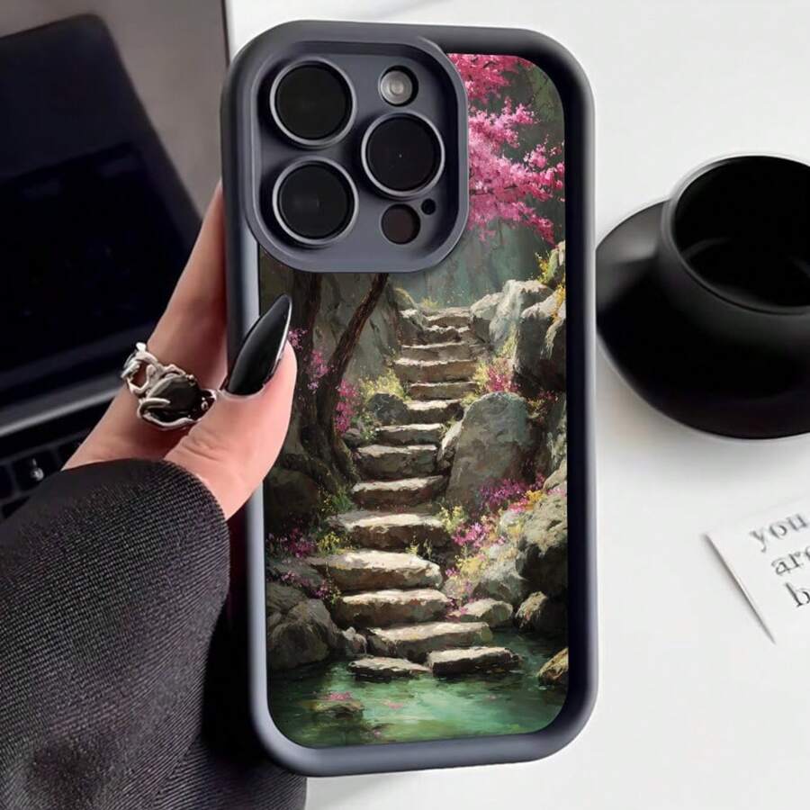 Cubierta de telefono con borde negro diseño de escaleras en bosque con flores rosadas y agua para uso diario y viajes - Negro - Ver 1