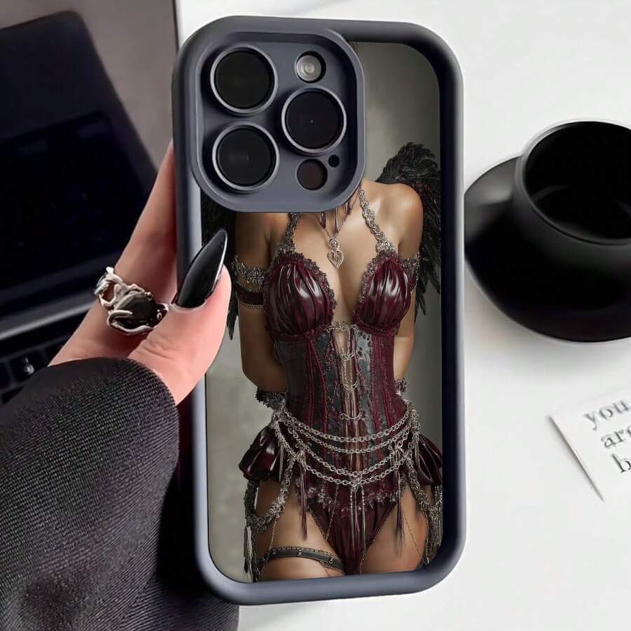 Funda para telefono con borde negro diseño de mujer con corset rojo y cadenas estilo gótico para uso diario y ocasiones especiales - Café integral - Ver 1