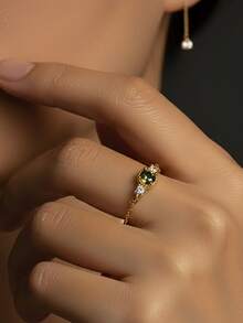 1 Stück verstellbarer olivgrüner Zirkonia-Ring mit Kette, 925er Sterling Silber Hohlring/Verlobungsring, elegantes Schmuckgeschenk für Frauen, Mädchen, Geburtstag, Party