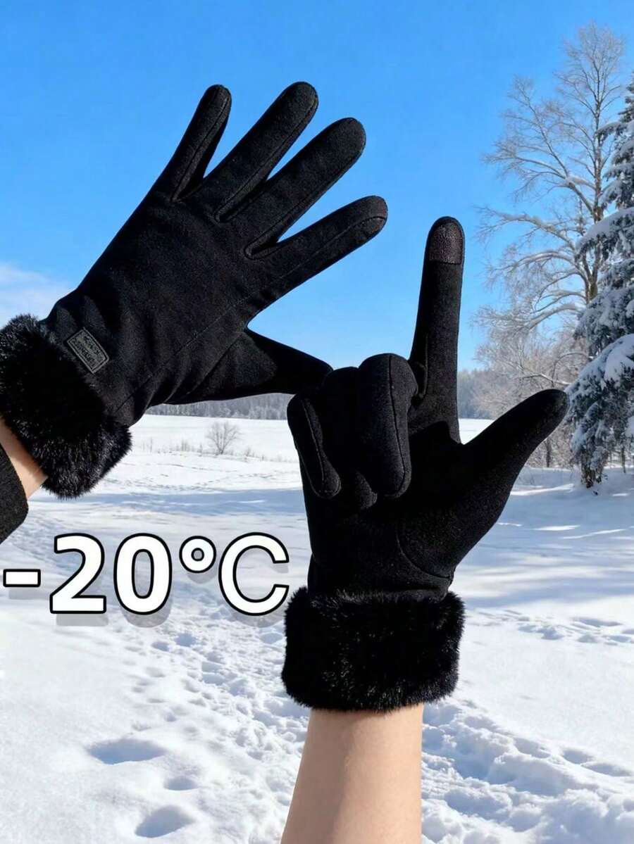 1pair Warm Fall Winter Gloves For Women - Responsive Touchscreen Function, Thickened Cushioned Windproof, Adorable Student Style, Suitable For Riding & Daily Use - 黑色 - 查看 1