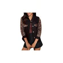 - Chaquetas de mezclilla con lentejuelas para mujer, manga larga, brillante, para, concierto, chamarra de mezclilla elstica con bolsillos - M + negro y oro rosa. - Ver 1