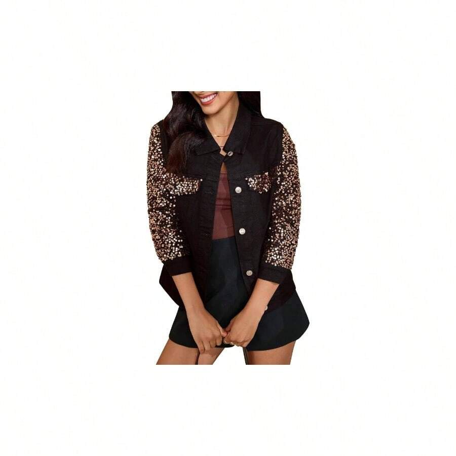 - Chaquetas de mezclilla con lentejuelas para mujer, manga larga, brillante, para, concierto, chamarra de mezclilla elstica con bolsillos - M + negro y oro rosa. - Ver 1