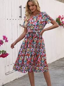 女士优雅花卉印花中长连衣裙，短袖，圆领，抽绳腰带 - 适合所有季节，休闲到正式服装，休闲装|花卉印花连衣裙|短袖上衣，花卉印花连衣裙 - 黑色 - 查看 1