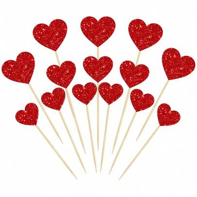 14个红色心形纸质蛋糕装饰插牌，3种不同尺寸，闪亮纸质纸杯蛋糕装饰，适用于婚礼、生日、节日派对蛋糕装饰