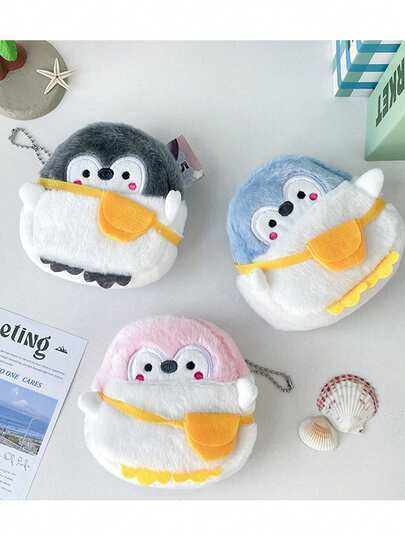 1 pieza Monedero de peluche de pingüino lindo, bolsa de almacenamiento para cable de datos, lápiz labial, auriculares para mujer, cartera mini, cartera pequeña, cartera linda, llavero, monedero de monedas, regalos, rellenos de calcetines, accesorios