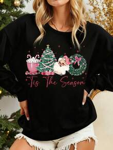 Sudadera casual de mujer LOVE JOYY con cuello redondo, hombros caídos y gráfico de Papá Noel navideño