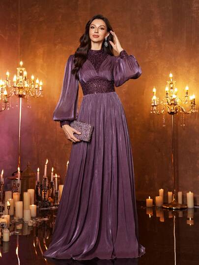  UNITHORSE 女式立领灯笼袖亮片拼接仿光电管长款晚礼服，完美适合伴娘礼服、毕业礼服、婚礼宾客礼服、晚宴礼服、正式礼服