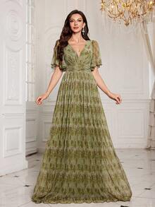 Women's Deep V-Neck Ruffle Sleeve Waist Pleated Formal Bridesmaid Dress - Olive Green - View 3