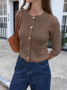 Cárdigan de punto para mujer FOR BEAUTY, de manga larga y cuello redondo, con diseño de bolsillo delantero con botones, de estilo casual minimalista y elegante, adecuado para ir al trabajo, volver al colegio, y usar en otoño/invierno y Año Nuevo - Marrón - Ver 6