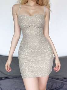 YeonC 吊带露肩紧身露背连衣裙 - 淺灰色 - 查看 5