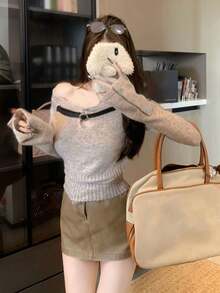 女士迷人镂空露肩灰色毛衣，秋冬 - 卡其色 - 查看 3