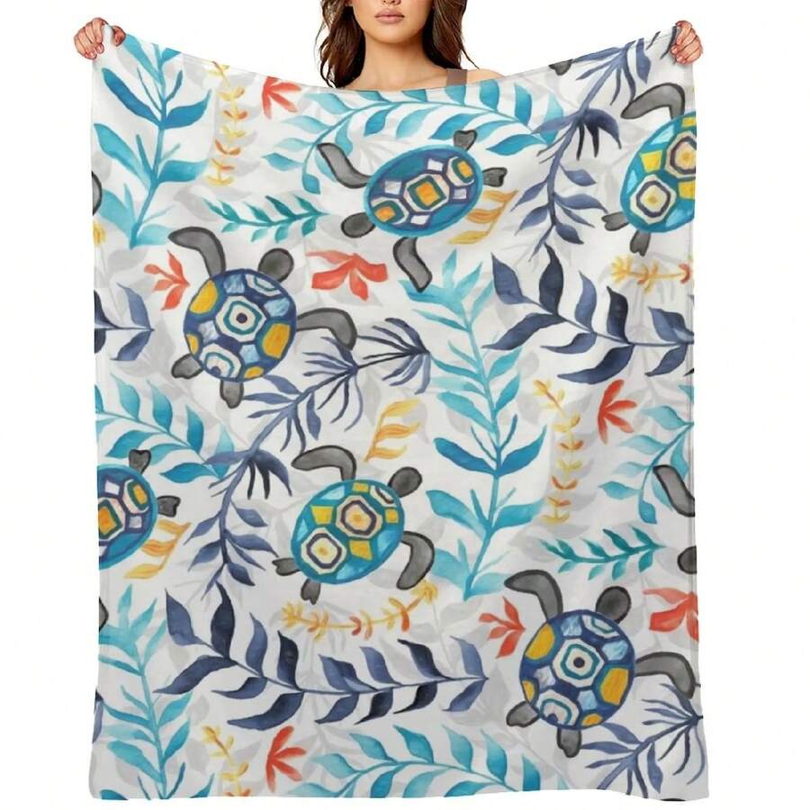 Gouache Sea Turtle Serenity Throw Blanket Plaid Soft Plush Plaid For Decorative Sofa For Winter Blankets - 黑色 - 查看 1