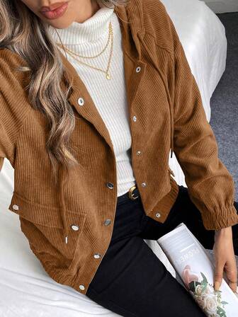 女士纯色灯芯绒连帽外套，女士秋季灯芯绒休闲长袖外套，女士带帽抽绳口袋单排扣外套