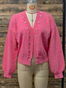 Women's Knitted Cardigan, Pink Knit Sweater Cardigan With Pearl Button Decor, Fashionable For Everyday Wear In Autumn/Winter