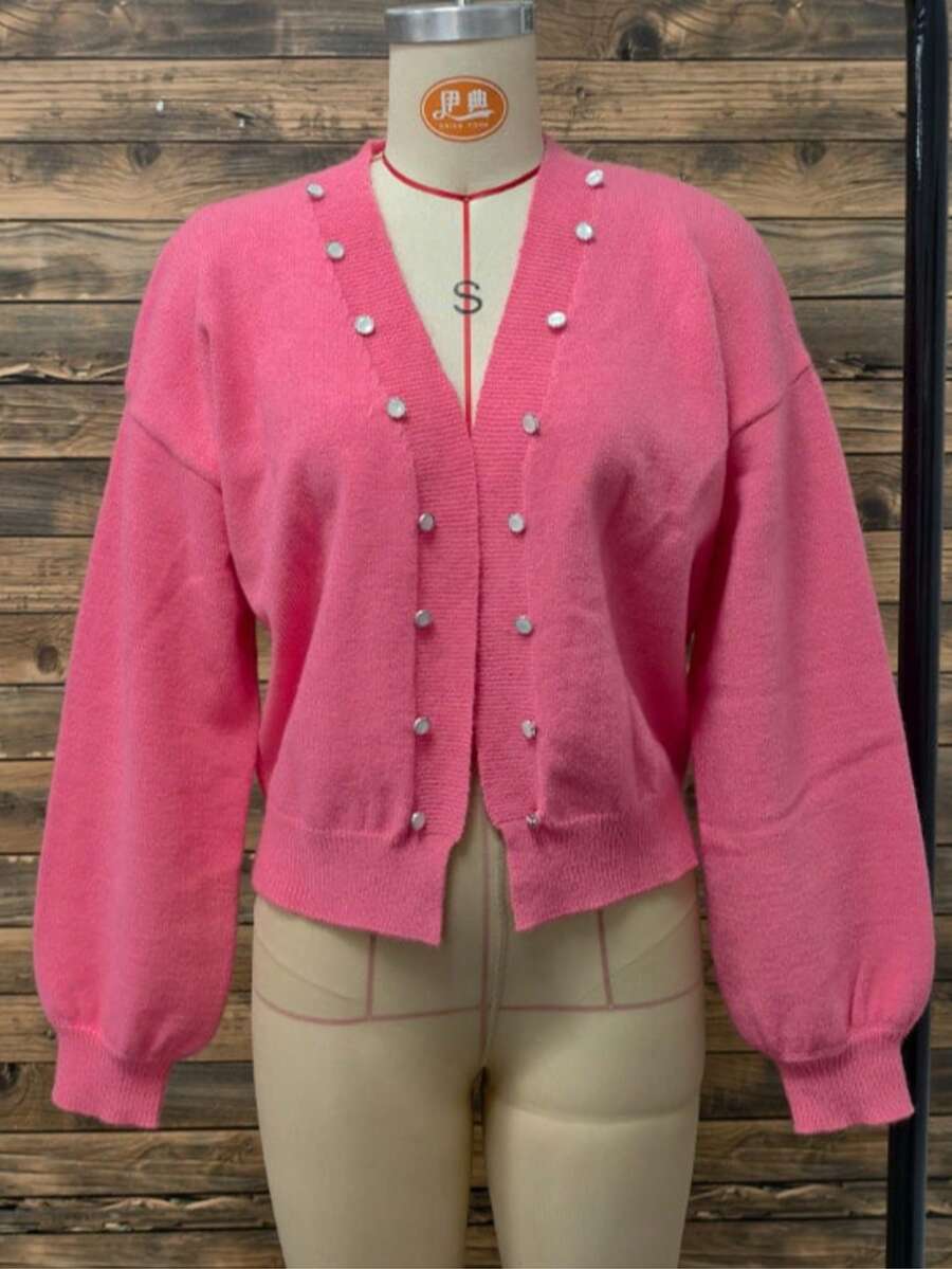 Women's Knitted Cardigan, Pink Knit Sweater Cardigan With Pearl Button Decor, Fashionable For Everyday Wear In Autumn/Winter