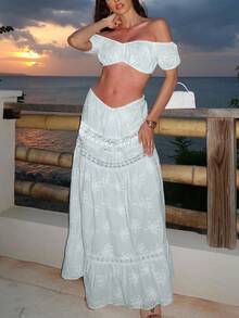 度假风露肩短款上衣和半身裙套装 - 米色 - 查看 5