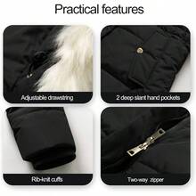 Abrigos clidos de invierno para mujer Chaqueta acolchada Parka de nieve impermeable con cordn largo y capucha con ribete de piel sinttica extrable - Negro + XL - Ver 6
