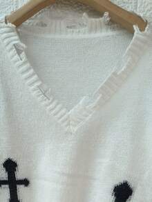 加大码朋克街头时尚女式磨损设计毛衣，优雅成熟 V 领长袖针织套头衫