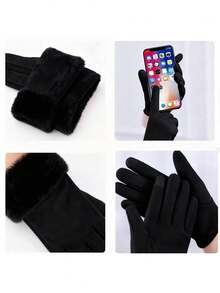 1pair Warm Fall Winter Gloves For Women - Responsive Touchscreen Function, Thickened Cushioned Windproof, Adorable Student Style, Suitable For Riding & Daily Use - 黑色 - 查看 5