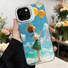 Cubierta de teléfono con diseño de niña con globos azul cielo y verde para mujer estilo veraniego ideal para uso diario y ocasiones casuales Aplicable a los teléfonos de la serie Apple y Galaxy - Negro - Ver 3