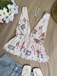 Blouse de style bohème sans dos, col en V profond imprimé avec cordon de serrage, décontractée pour les vacances, pour femmes, printemps/été - Beige - Voir 2