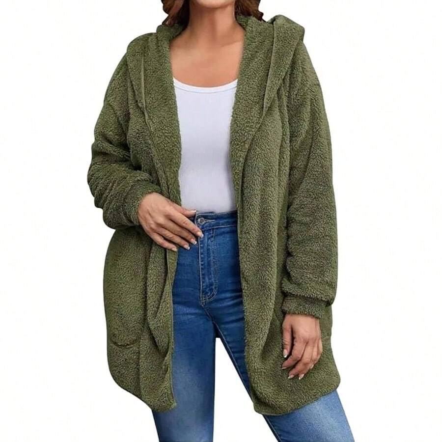 Chaqueta con capucha de forro polar suave cremallera completa para mujer fitness fuera de oficina, ligera clida manga larga, abrigo exterior, prenda cmoda - Verde militar + 2XL - Ver 1