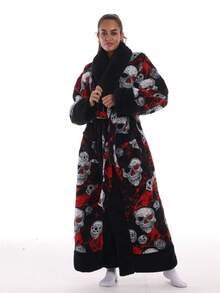 1pc Skull Print Casual Bathrobe, Soft Plush Thick Fleece, Unisex, Holiday Gift - Skull Without Hat - View 1