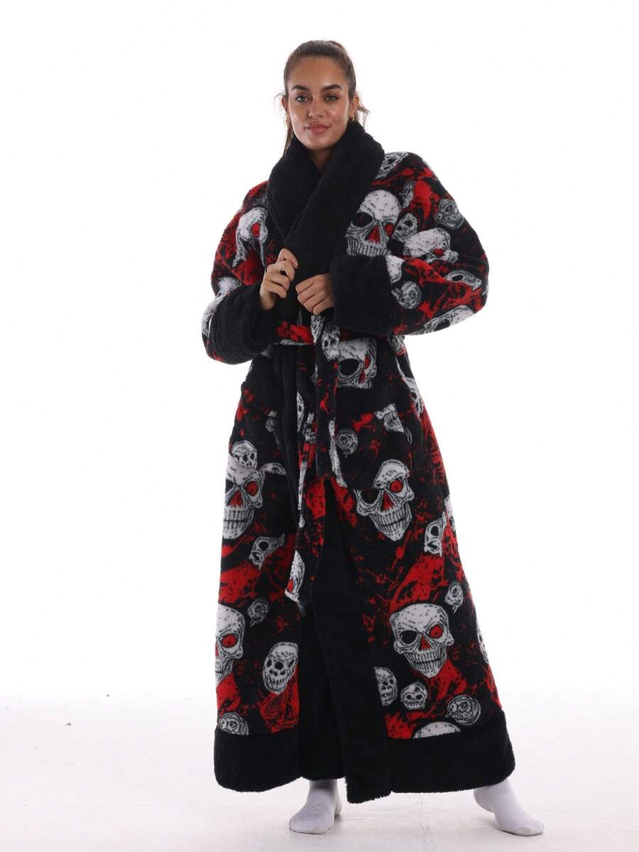 1pc Skull Print Casual Bathrobe, Soft Plush Thick Fleece, Unisex, Holiday Gift - Skull Without Hat - View 1