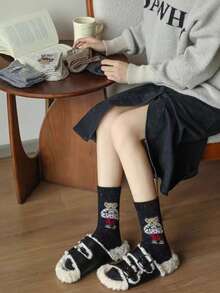 4双装女士加厚羊毛袜，可爱植绒小熊中筒袜，冬季保暖长筒袜，随机发货 - 彩色 - 查看 8