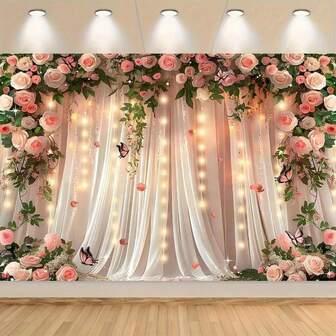 A Valentine's Day Party Backdrop, Available In Three Sizes, Featuring A Romantic Pink Rose Curtain And An Iris Wall Painting. Made Of Polyester, It's Easy To Hang And Is Ideal For Indoor/Outdoor Proposal Party Decorations, Photography Studio Props, And Valentine's Day Party Decorative Banners.