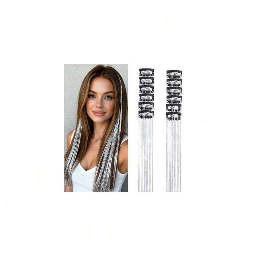 Hair Tinsel Clip In Tinsel Hair Extensions Silver Fairy Glitter Hair Tinsel Kit For Women Heat Resistant 21.5In 12Pcs Festival Accessories For Party, Christmas, New Year, Halloween, Cosplay,Silver - 銀色 - 查看 1