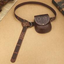 Sporran, A Unisex Medieval Retro-Style Portable Waist Bag/Crossbody Bag With Viking Embossed PU Leather Strap, Flap Side Wallet, Suitable For LARP And Renaissance Faire. - 棕色 - 查看 7