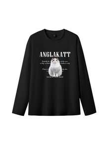 Black Cat Letter Print T-Shirt, Casual American Style Versatile Women Top, Autumn - Black - View 10