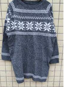 Plus Size Geometric Pattern Knitted Sweater, Round Neck Casual Plus Size Women Pullover, European Style, Autumn/Winter - Grey - View 3