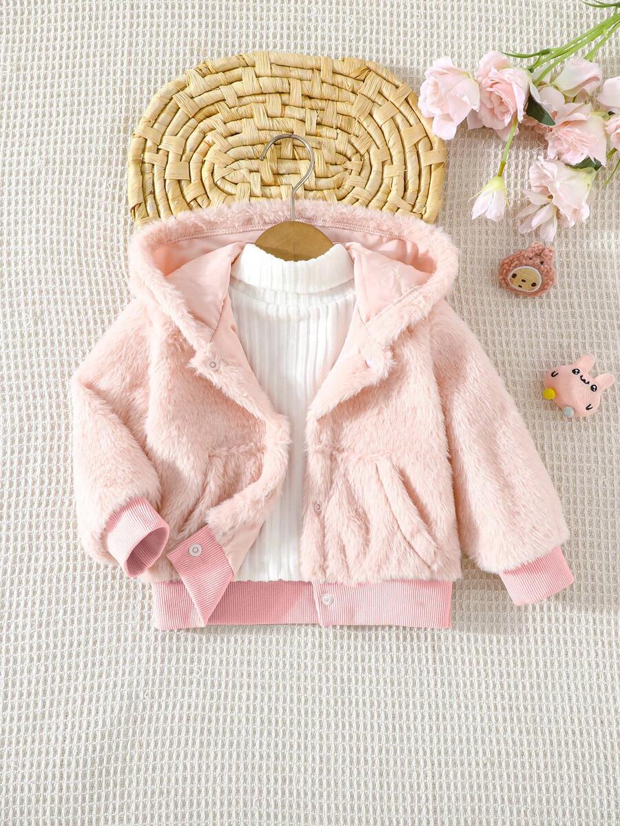 Autumn/Winter Baby Girls Fluffy Hooded Pocket Long Sleeve Casual Cute Everyday Wear Jacket - Pink - View 1
