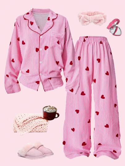 2 piezas Conjunto de pijama elegante, que incluye una parte superior a rayas con corazón rosa y pantalones, adecuado para que las niñas lo usen en primavera, otoño e invierno. Hecho de tela cómoda con diseño de botones de solapa, perfecto para uso diario, fiestas, vacaciones, San Valentín y ocasiones casuales.