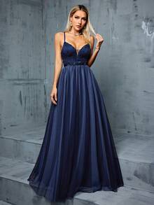 Mgiacy-Pop,New Arrival,A V-Neck Sexy,Graduation Dress, With A Three-Dimensional Floral, Embroidered ,Patchwork Mesh,Contrasting Colors - Navy Blue - View 6